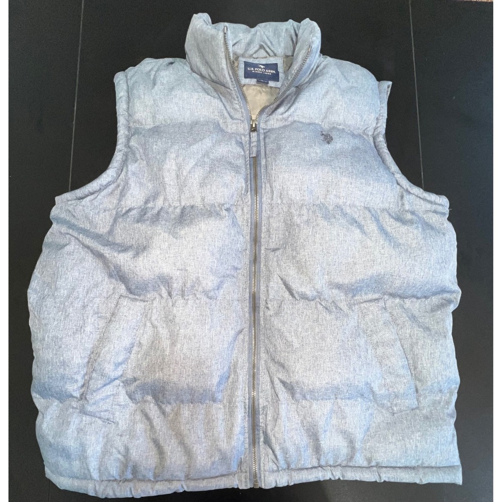 US Polo Assn Mens Puffer Vest Light Blue Heathered Full Zip Large Logo Insulated